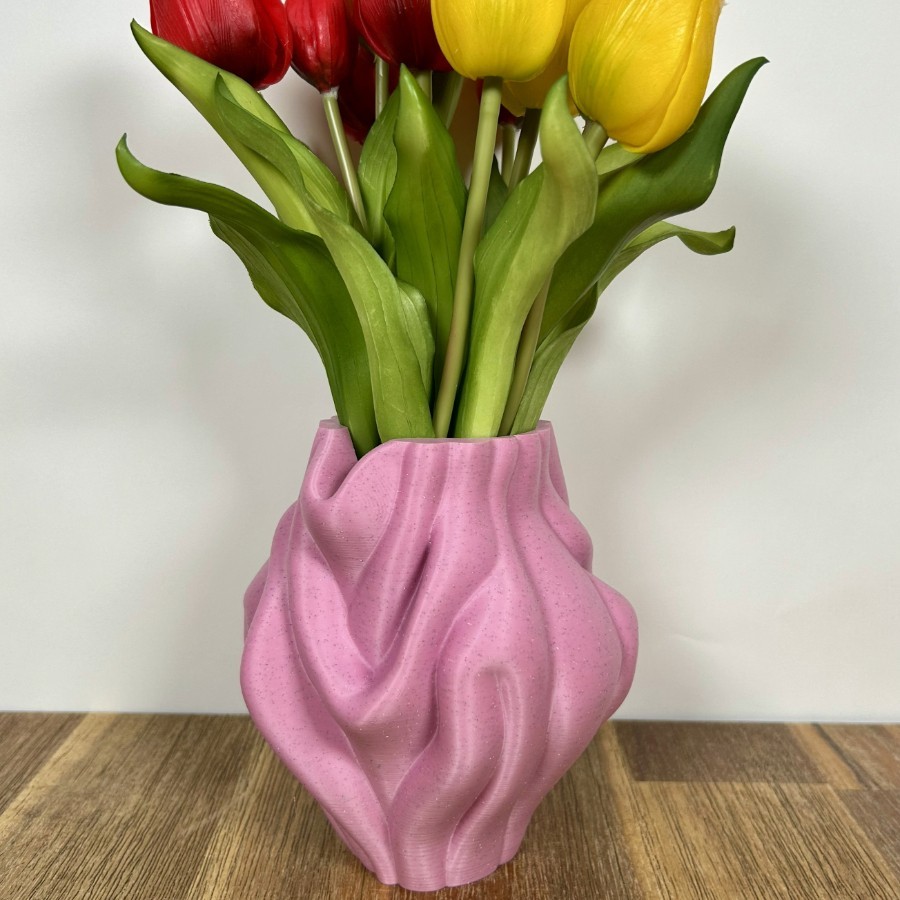 Pink Waves – Vase design ondulé imprimé en 3D rose
