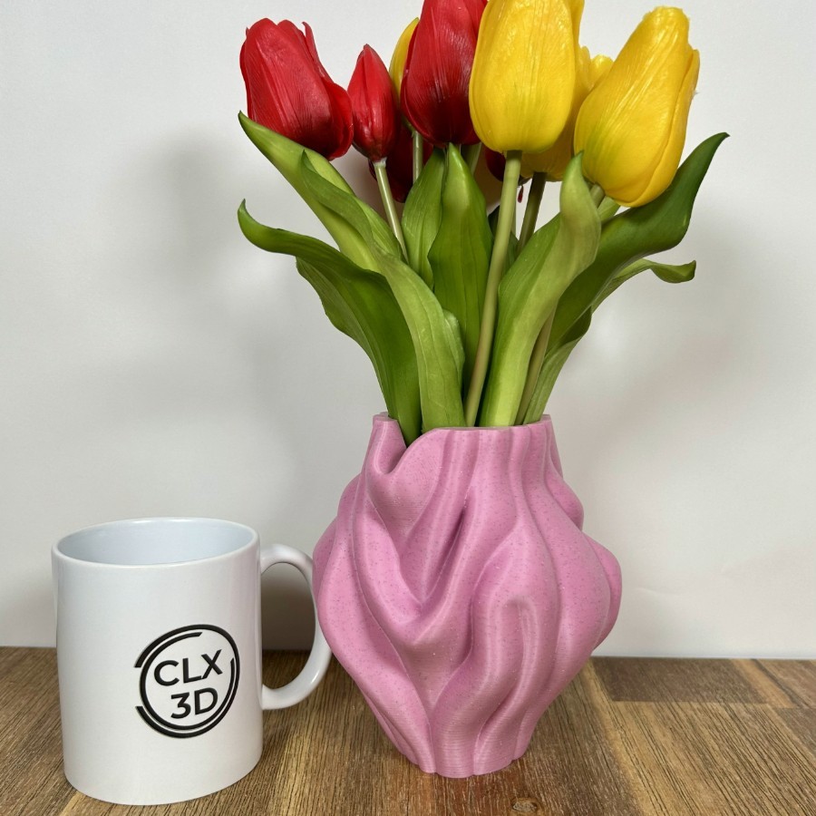Pink Waves – Vase design ondulé imprimé en 3D rose